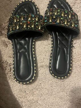 SHEIN Black Slide Sandals with Multicolor Gem & Gold Studs